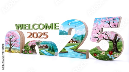 A vibrant and festive scene celebrates the arrival of 2025 with the bold text 