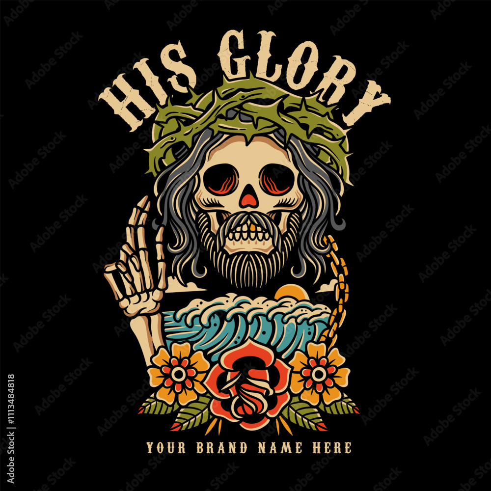 Fototapeta premium skull head with waves, surfing skull design illustration, apparel illustration
