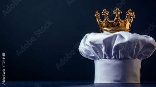 Chef's hat with a golden crown on a dark background. Symbolizes culinary excellence and leadership in the kitchen. King in the kitchen. Copy space. photo