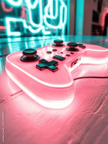 A neon pink controller sits on a table photo