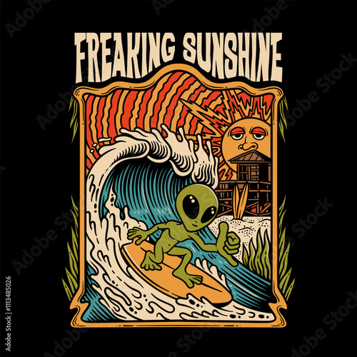 alien surfing, alien summer, vintage alien summer design, apparel illustration