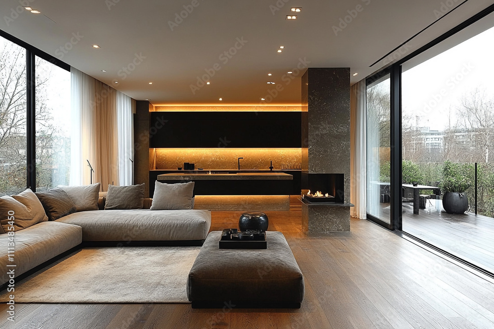 Modern Minimalist Living Room Design With Fireplace and Kitchenette Modern Minimalist Living Room Design With Fireplace and Kitchenette