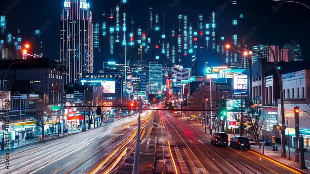 A panoramic view of Nashville illuminated Broadway with forex charts hovering in the night sky, capturing the A panoramic view of Nashville illuminated Broadway with forex charts hovering in the night sky, capturing the