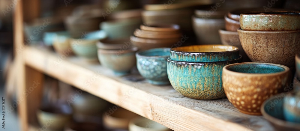 Fototapeta premium A collection of ceramic bowls displayed on wooden shelves, showcasing various colors and textures.
