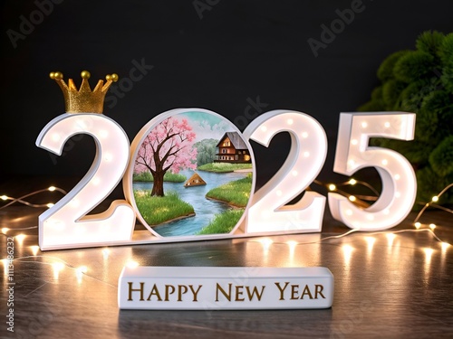 A vibrant and festive scene celebrates the arrival of 2025 with the bold text 