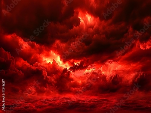 Dramatic red, dark clouds in the sky.