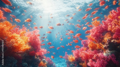 Vibrant coral reef with colorful fish in sunlit ocean depths