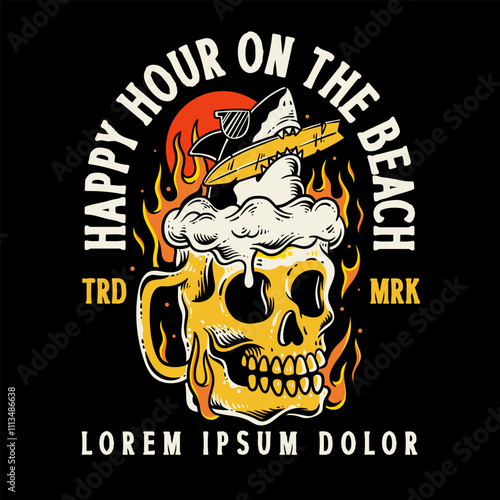 shark with skull beer, surfing skull illustration