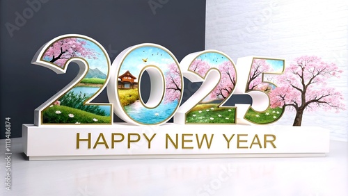 A vibrant and festive scene celebrates the arrival of 2025 with the bold text 