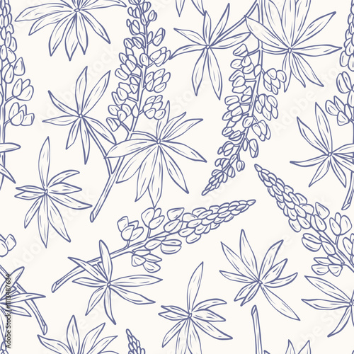Line art lupin flower branches seamless pattern