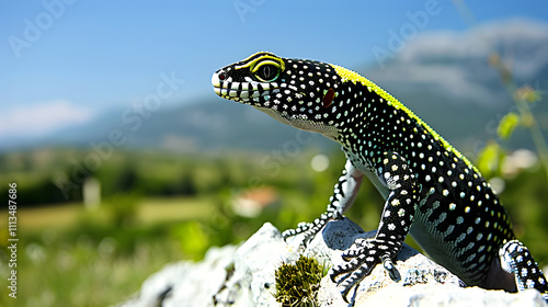 Close-up of a vibrant green gecko clinging to a rock, its beady eyes and long tail capturing the essence of wild nature photo