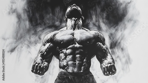 Muscular man screaming, monochrome drawing, powerful, fitness, strength.