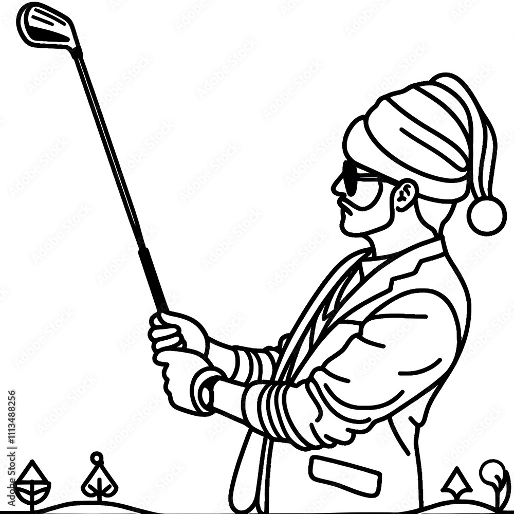 Blank coloring book illustration, a man wearing a Christmas hat playing golf. Blank coloring book illustration, a man wearing a Christmas hat playing golf.