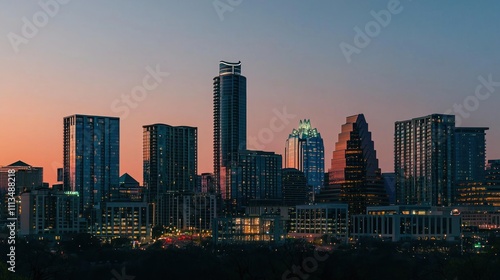 A city skyline illuminated by the soft, warm light of the early morning, as the sun rises behind the buildings.