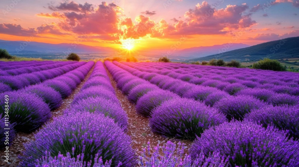 Sunset Over a Lavender Field in a Mountainous Landscape Sunset Over a Lavender Field in a Mountainous Landscape