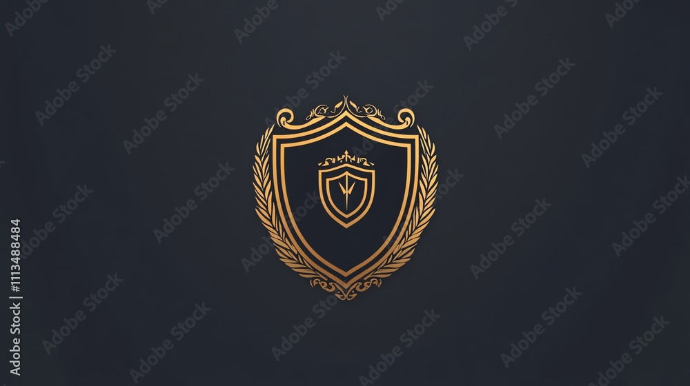 A golden shield with a crown and a sword in the center, framed by a laurel wreath. A golden shield with a crown and a sword in the center, framed by a laurel wreath.