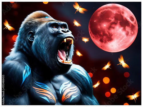 Muscle gorilla roaring under full moon fantasy art vibrant atmosphere dramatic night scene powerful imagery photo