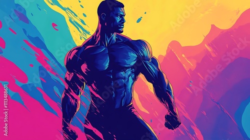 Muscular man, strong physique, colorful abstract background, fitness, power, strength.