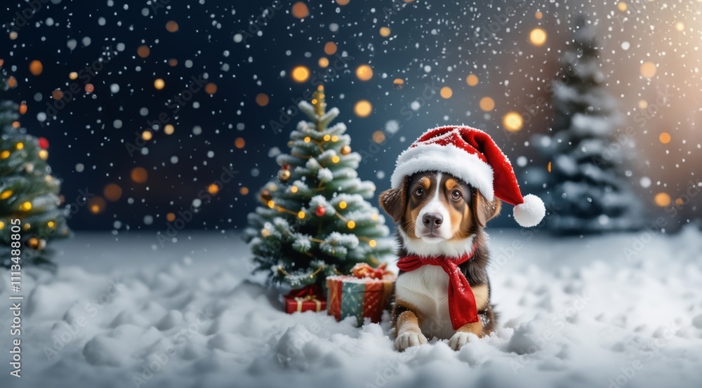 Dog in Santa hat on Christmas tree. Dog puppy in red Santa hat with Christmas gift on winter snow greeting card. Puppy dog in Christmas Santa hat near Christmas tree. Dog in Santa hat on Christmas tree. Dog puppy in red Santa hat with Christmas gift on winter snow greeting card. Puppy dog in Christmas Santa hat near Christmas tree.