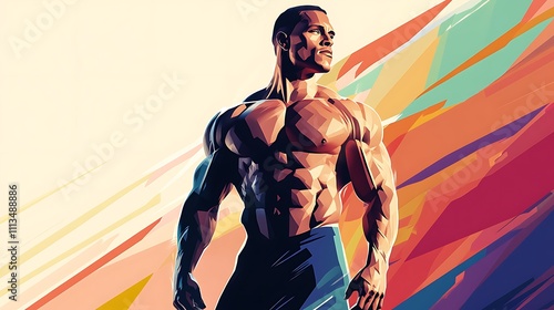 Muscular man, stylized art, colorful background, fitness, strength.