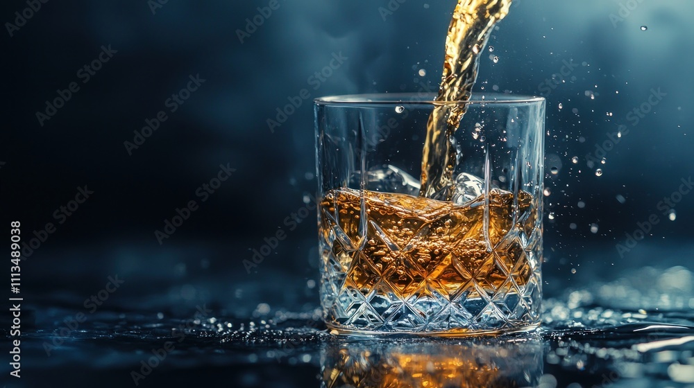 A close-up of a glass of wine being dramatically poured into a crystal glass, with dark, moody lighting