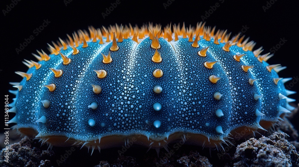 Obraz premium Vibrant blue sea cucumber with striking spikes in underwater macro shot