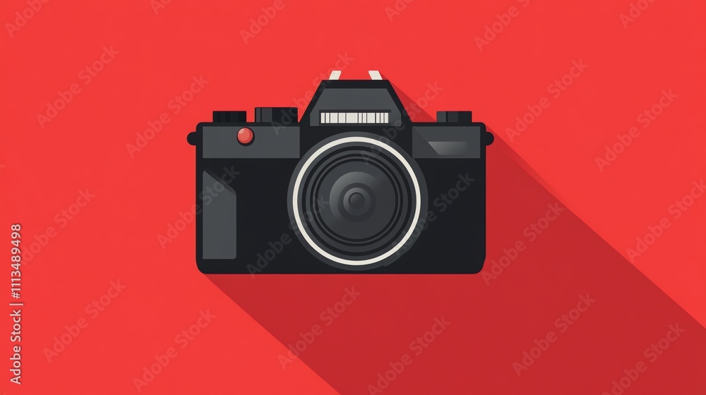Flat design illustration of a black camera on a red background. Flat design illustration of a black camera on a red background.