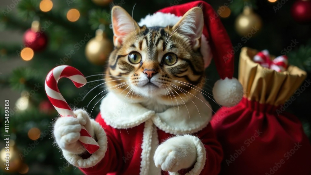 Portrait of tabby cat in a Santa Claus clothes and hat holding in paw candy cane against Christmas tree lights background. New Year magic holiday card. Domestic animal. Masquerade. Wish gift concept Portrait of tabby cat in a Santa Claus clothes and hat holding in paw candy cane against Christmas tree lights background. New Year magic holiday card. Domestic animal. Masquerade. Wish gift concept
