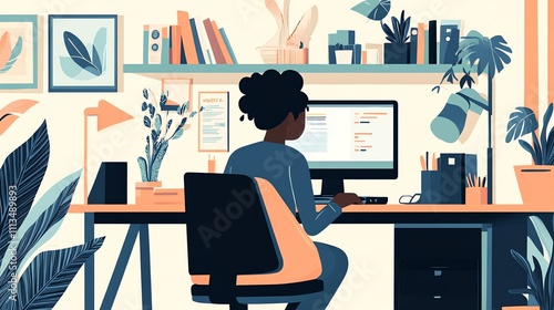 Woman works at home office desk, surrounded by plants.