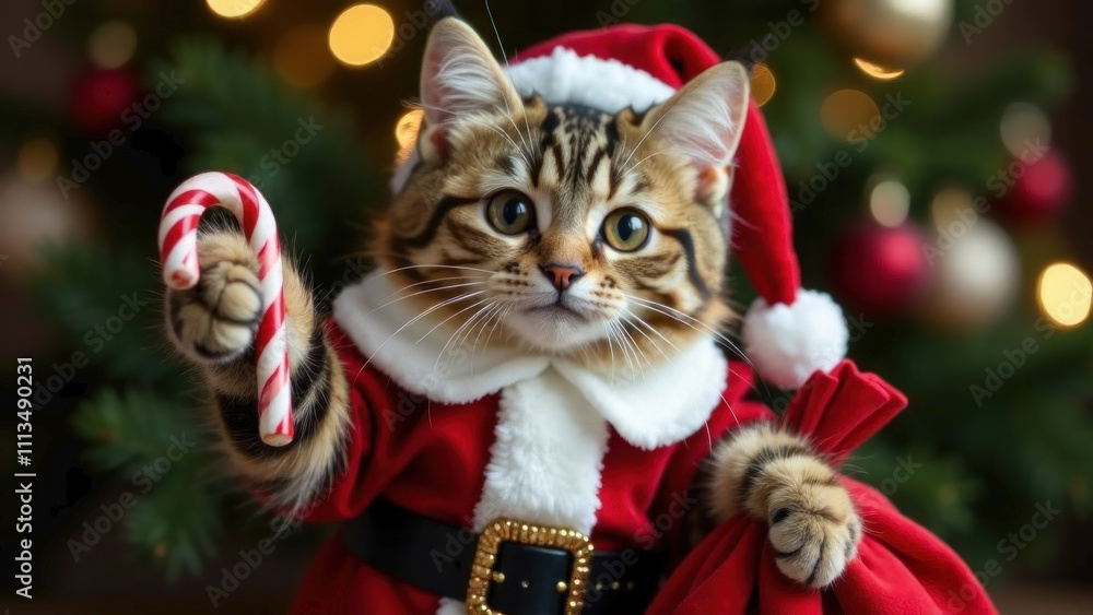 Portrait of tabby cat in a Santa Claus clothes and hat holding in paw candy cane against Christmas tree lights background. New Year magic holiday card. Domestic animal. Masquerade. Wish gift concept Portrait of tabby cat in a Santa Claus clothes and hat holding in paw candy cane against Christmas tree lights background. New Year magic holiday card. Domestic animal. Masquerade. Wish gift concept