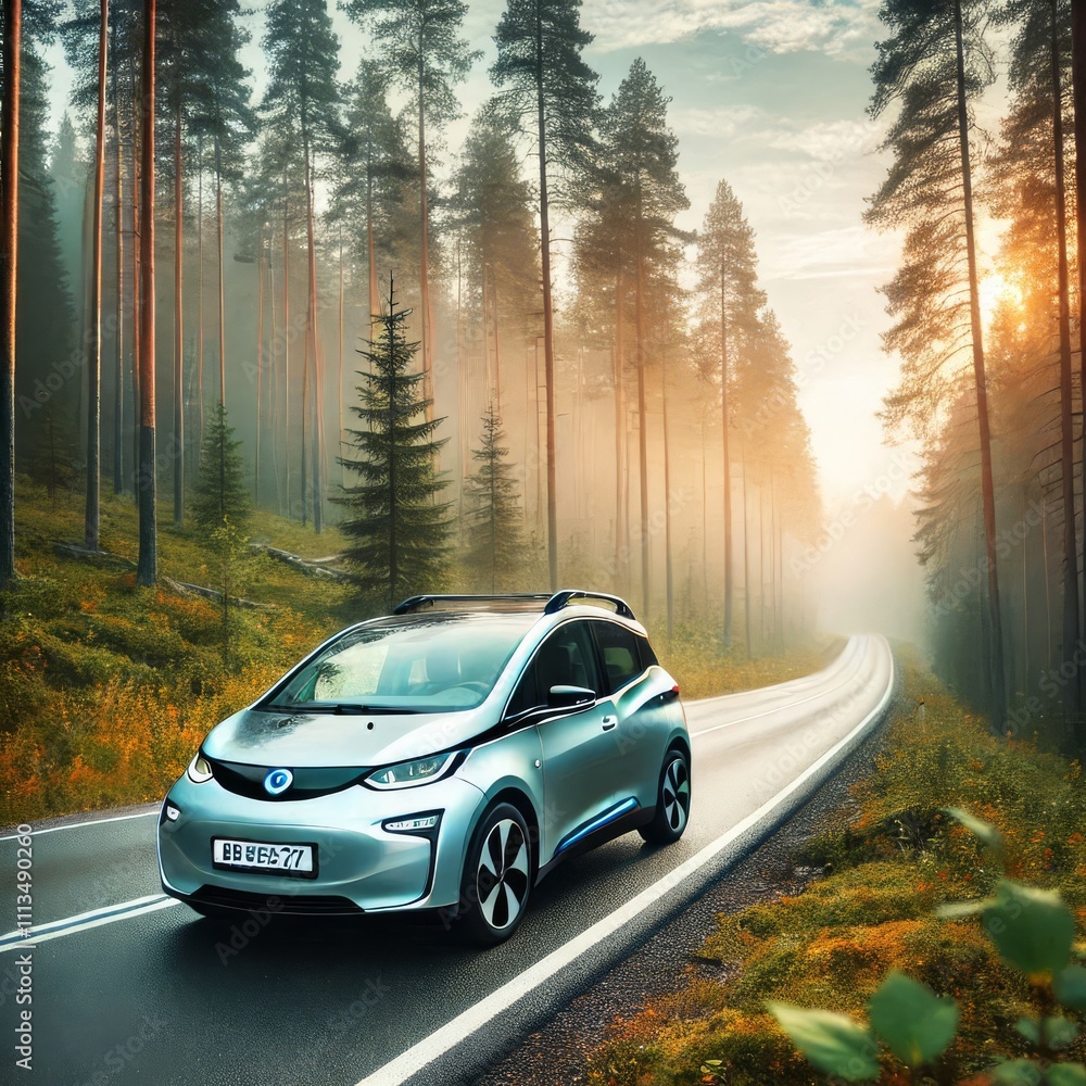 EV car, Electric car or hydrogen energy car on road midst forest and natural. Environmental friendly travel EV car, Electric car or hydrogen energy car on road midst forest and natural. Environmental friendly travel