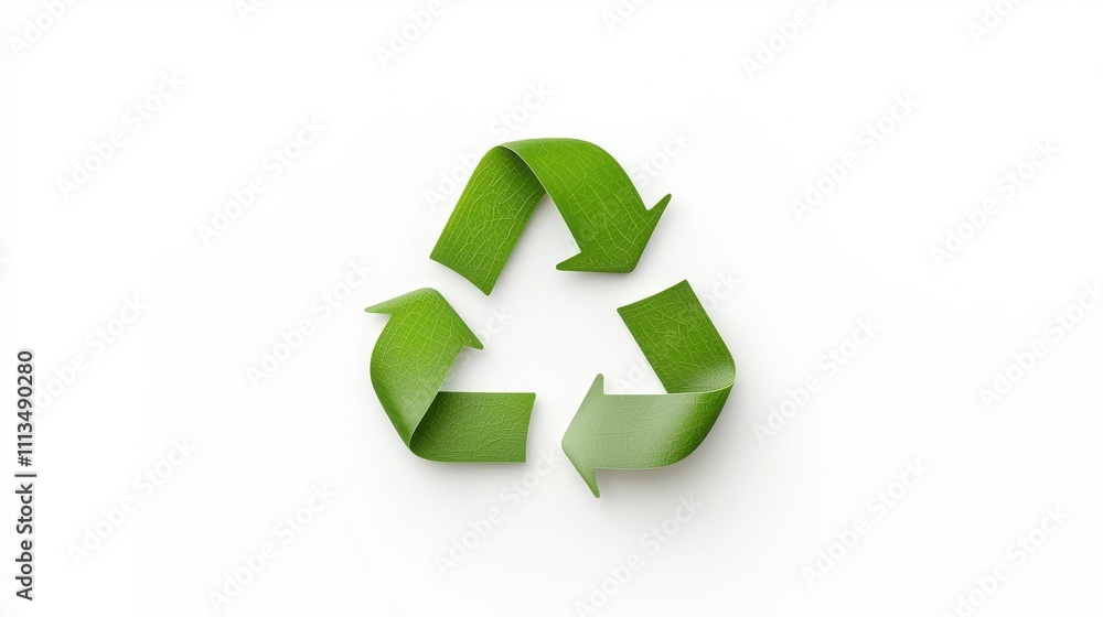 Green Recycling Symbol Made of Leafy Material Representing Sustainability and Environmental Awareness on a Clean White Background Green Recycling Symbol Made of Leafy Material Representing Sustainability and Environmental Awareness on a Clean White Background