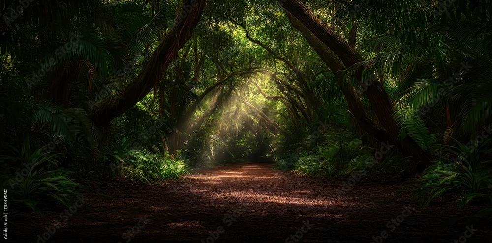 Obraz premium Ethereal humidity envelops a lush landscape, creating a serene and dreamlike atmosphere.