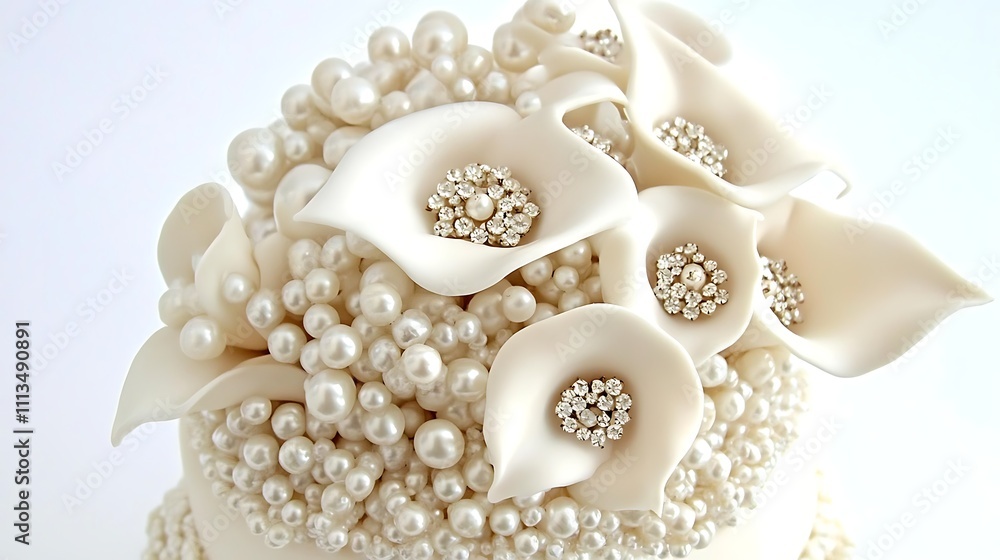 Elegant Wedding Cake Decorated With Pearls And Flowers Elegant Wedding Cake Decorated With Pearls And Flowers