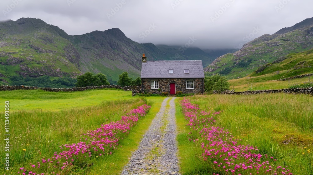 Obraz premium Serene house surrounded by colorful flowers rural landscape nature photography green meadows panoramic view tranquility and beauty