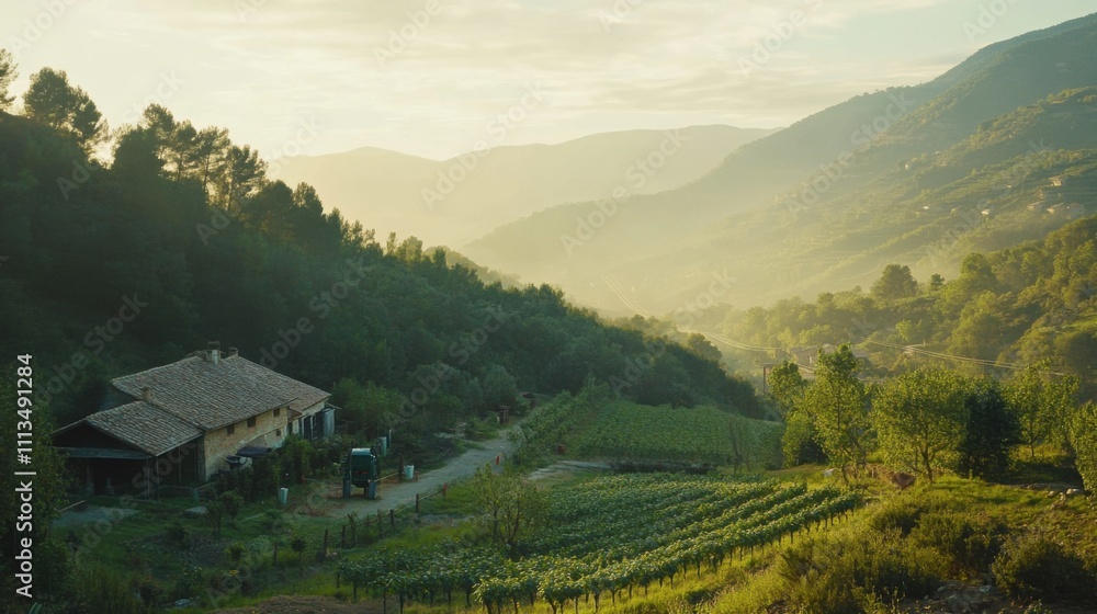Serene Vineyard Landscape at Dawn with Gentle Mist and Lush Green Hills in Rural Setting Serene Vineyard Landscape at Dawn with Gentle Mist and Lush Green Hills in Rural Setting
