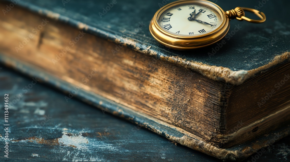 An antique pocket watch rests on an aged leather-bound book. An antique pocket watch rests on an aged leather-bound book.