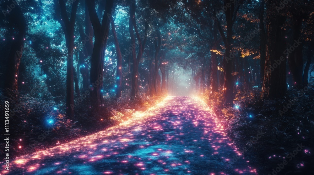Obraz premium Magical forest path at night with glowing lights.