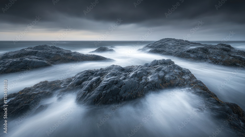 Obraz premium Dark Ocean Rocks Under Stormy Cloudscape