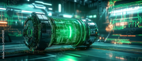 Futuristic Energy Core in a High-Tech Laboratory with Neon Green and Blue Circuitry