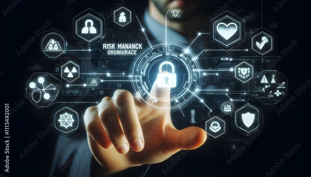 Hand interacting with futuristic digital icons representing risk management and safety on a dark background. Hand interacting with futuristic digital icons representing risk management and safety on a dark background.
