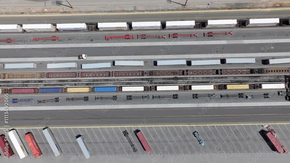 Forklift drives through shipping yard lined with cargo containers, aerial tracking view Forklift drives through shipping yard lined with cargo containers, aerial tracking view
