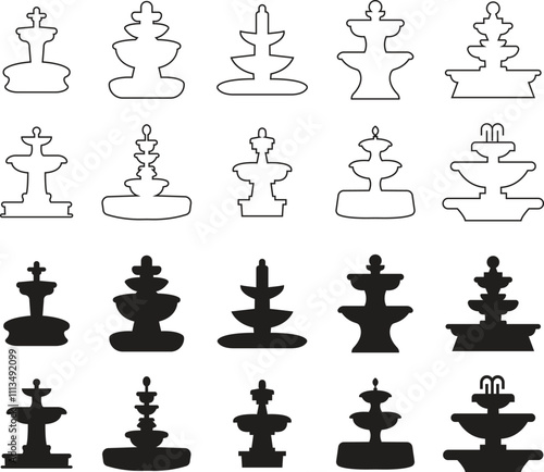 Fountain icons set flat and line styles. Perfect for enhancing outdoor spaces and gardens. fountain park garden signs. Fountain water flow, aesthetic power vectors isolated on transparent background.