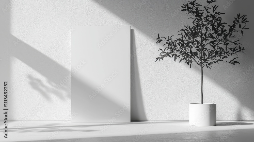 Obraz premium Minimalistic Clean Background Mockup Template with Tree and Shadow for Modern Design Projects