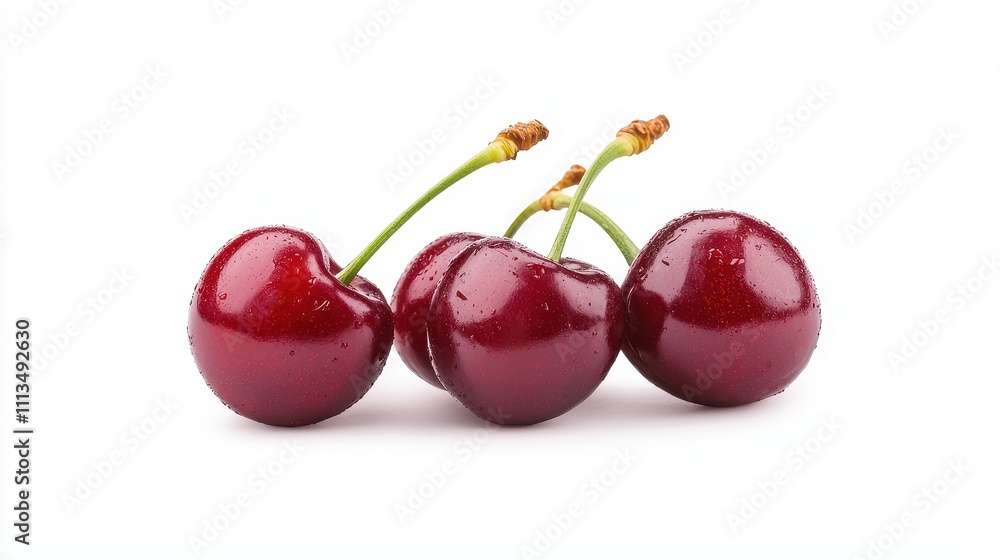 Fresh Glimmering Red Cherries with a Glossy Surface and Juicy Texture on a White Background, Ideal for Healthy Eating and Culinary Themes Fresh Glimmering Red Cherries with a Glossy Surface and Juicy Texture on a White Background, Ideal for Healthy Eating and Culinary Themes