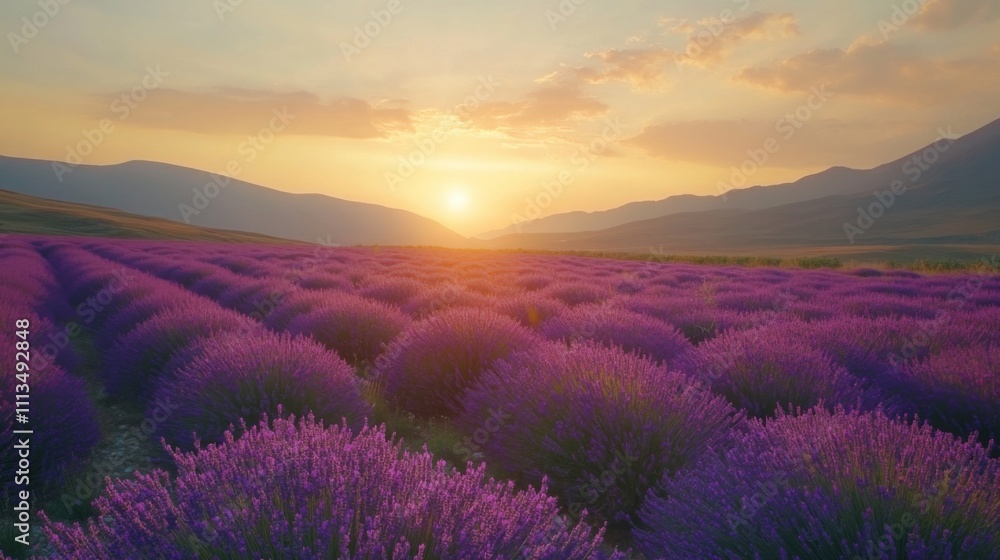 Lavender Field at Sunset with Mountain Silhouette Lavender Field at Sunset with Mountain Silhouette