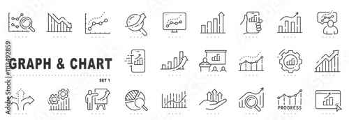 Set of graph and chart related line icons. Diagram, presentation, infographic, datum etc. Editable stroke.