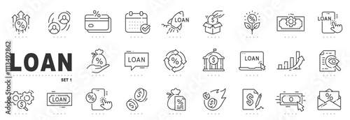 Set of loan related line icons. Mortgage, credit, debt, tax etc. Editable stroke.