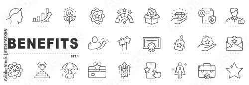Set of soft benefits line icons. Reward, bonus, badge, award, star etc. Editable stroke.