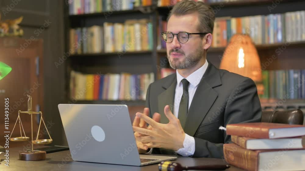 Middle Aged Lawyer Doing Video Chat on Laptop Middle Aged Lawyer Doing Video Chat on Laptop